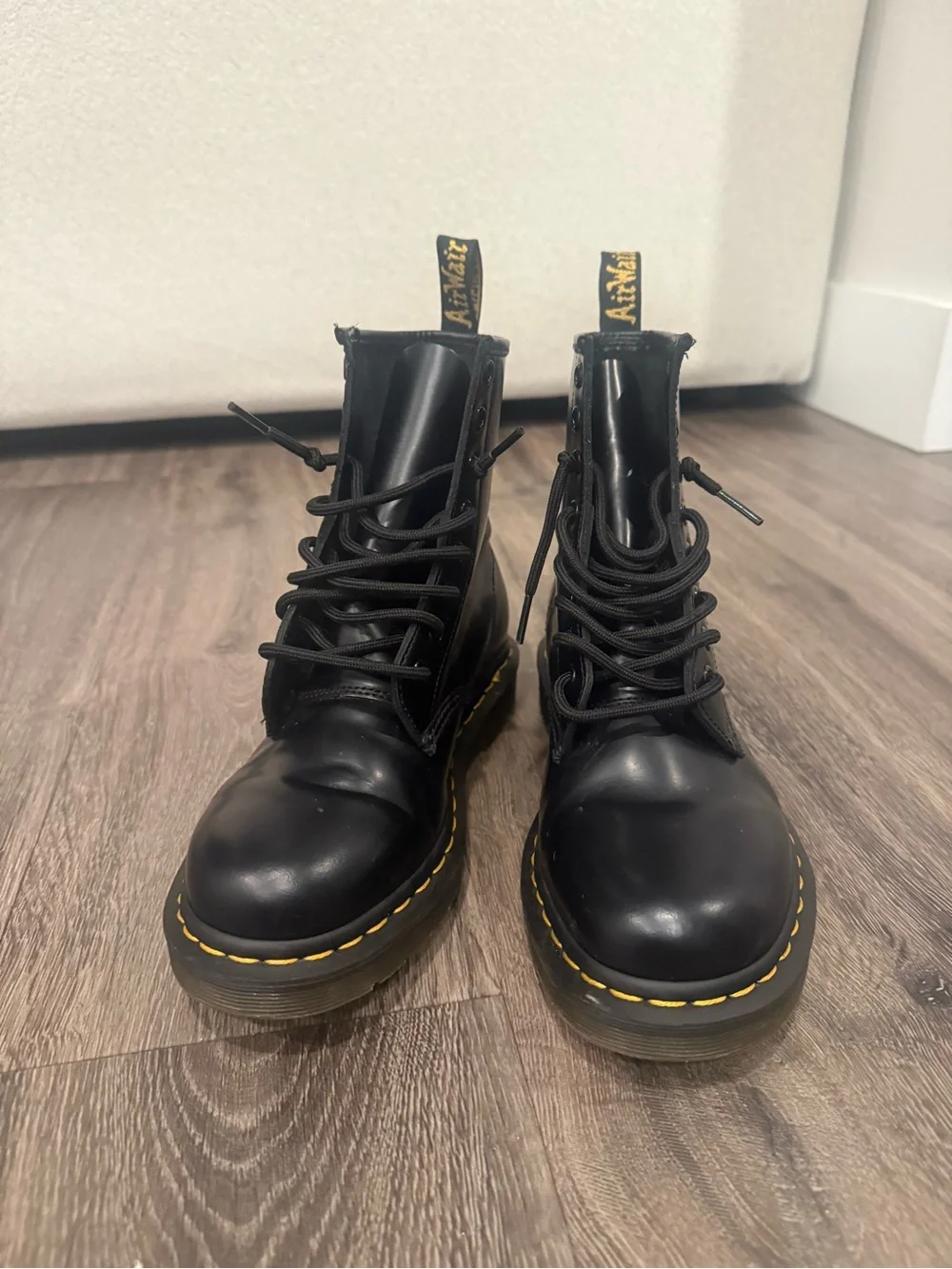 Dr. Martens Black Leather Lace-Up Combat Boots with Yellow Stitching